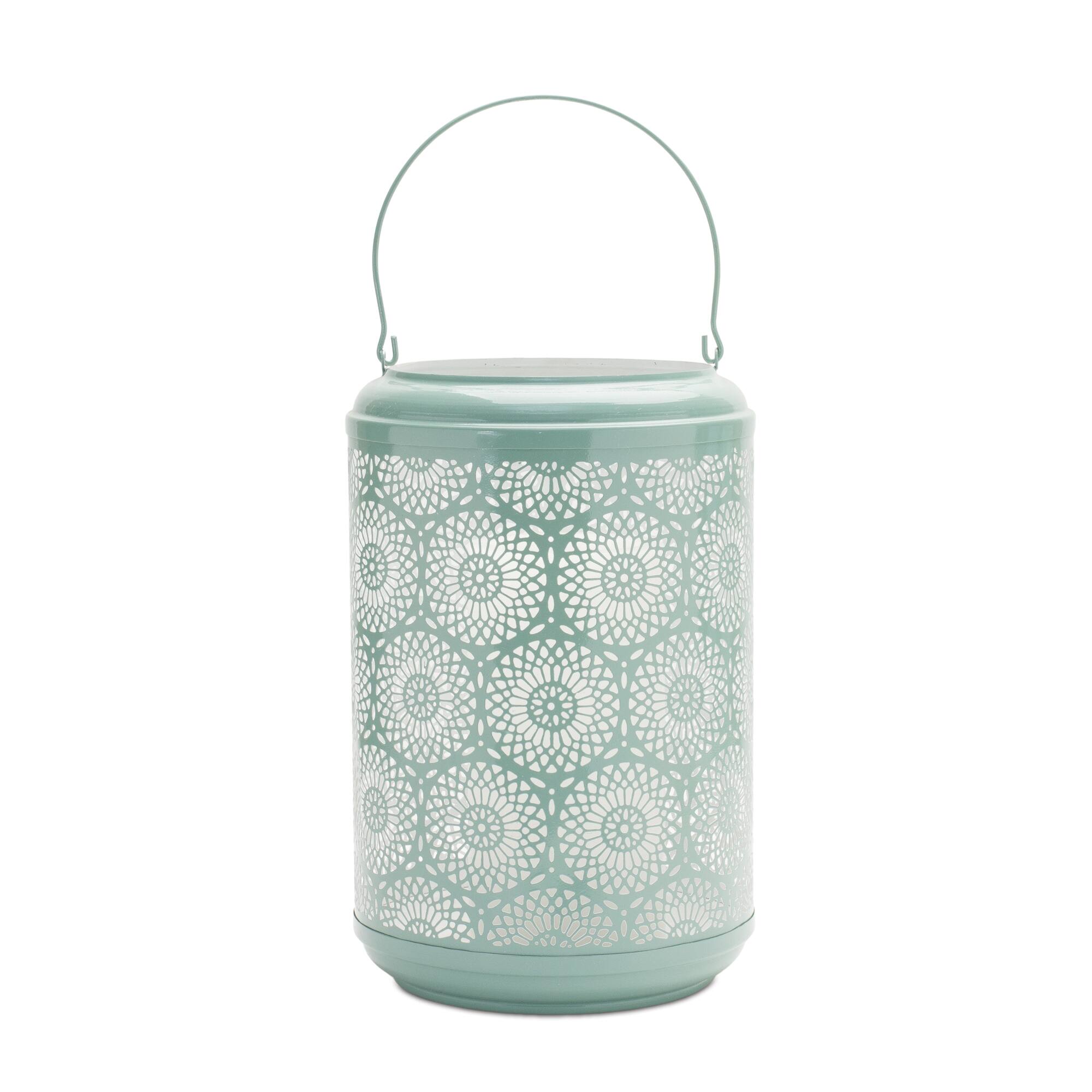 Green Punched Metal Lantern Candle Holder Set